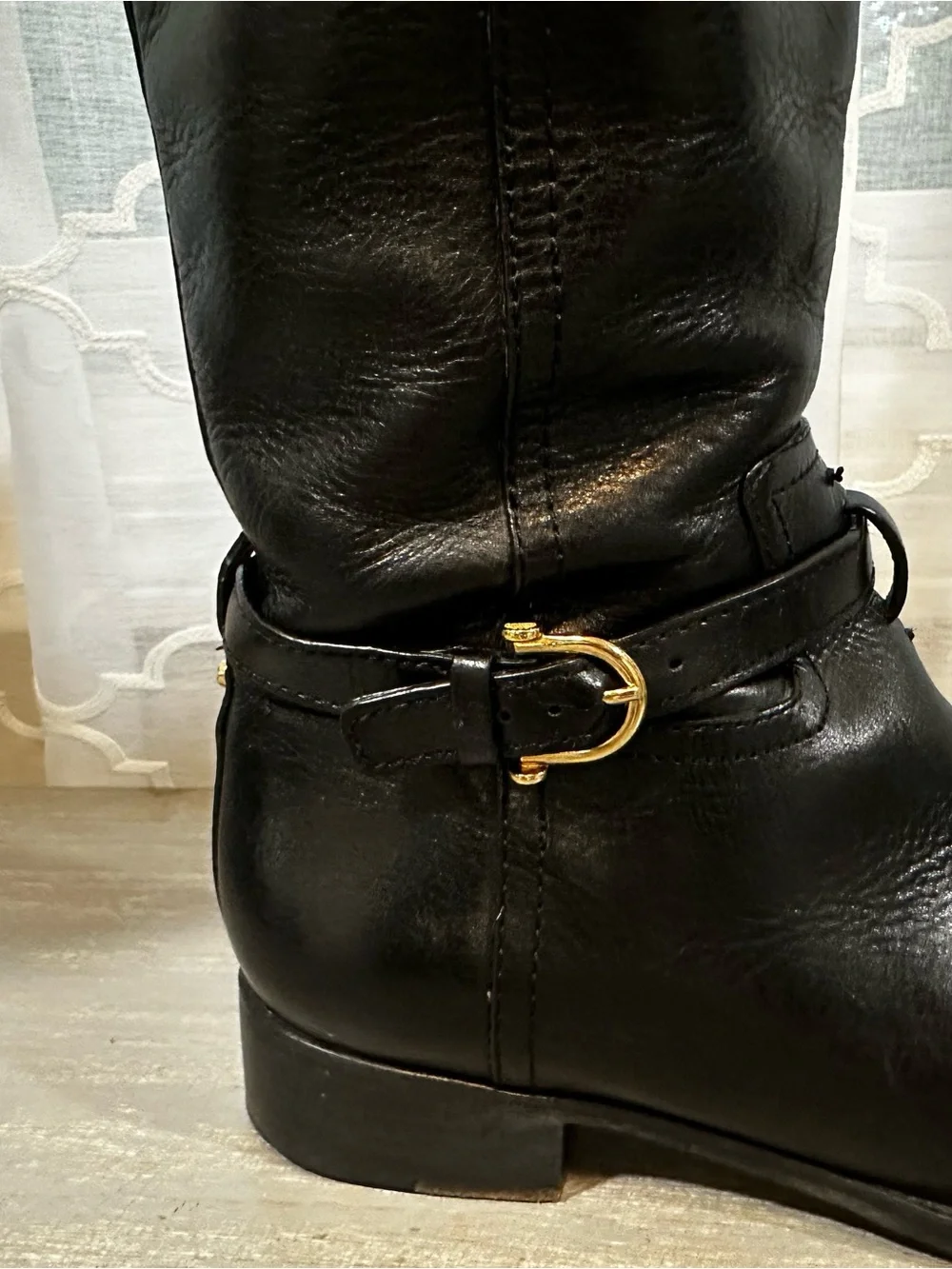 Tory Burch Nadine Black Leather Knee High Riding Boots Gold Logo Medallion 8
